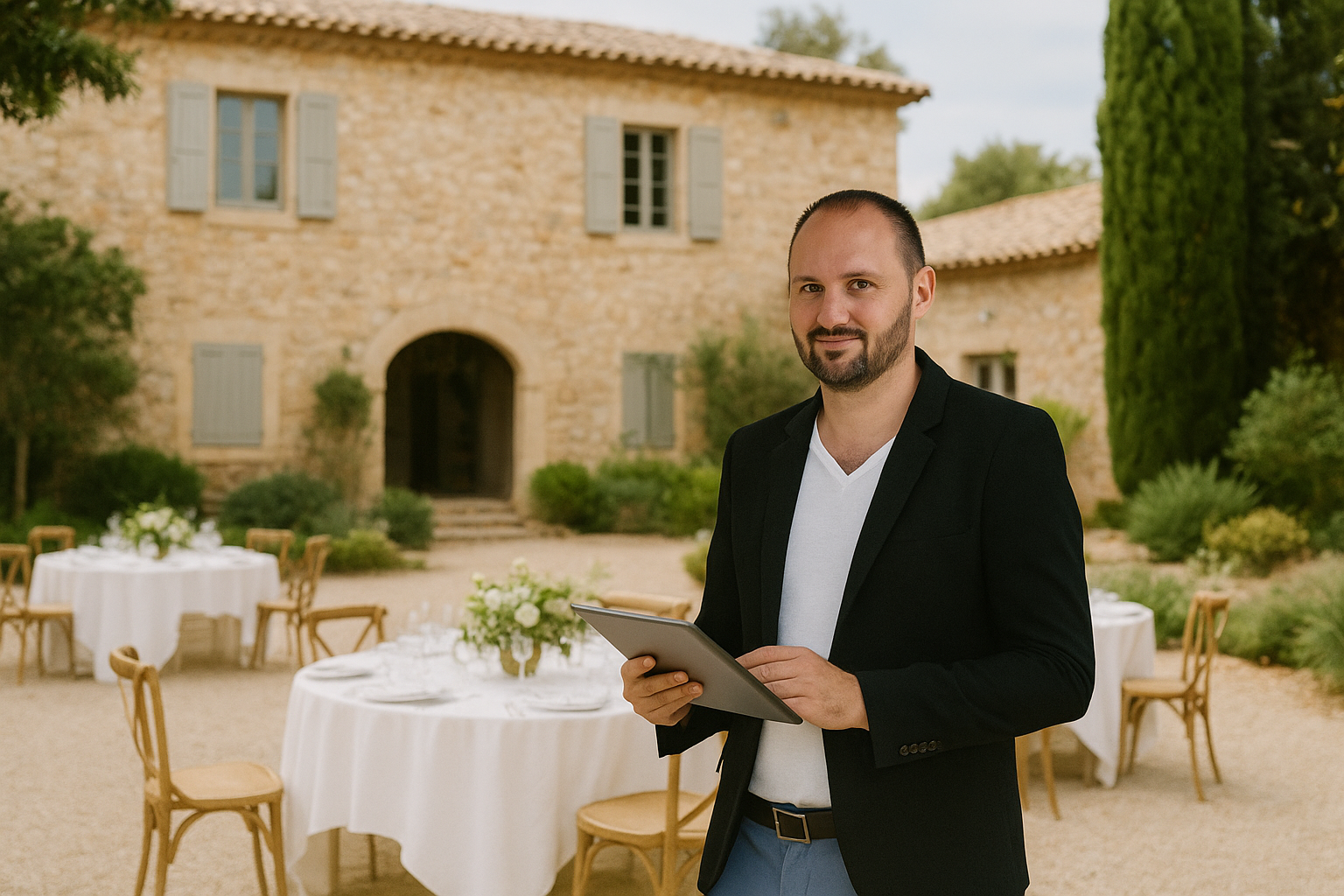 Homme élégant en chemise blanche et pantalon bleu, posant près d’un photobooth décoré pour un mariage